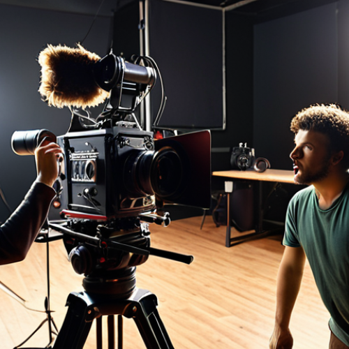 Home 15 **
A young filmmaker passionately directing a scene on set, surrounded by crew. The atmosphere is energetic and collaborative. Include film equipment like a camera, lights, and boom mic.
**