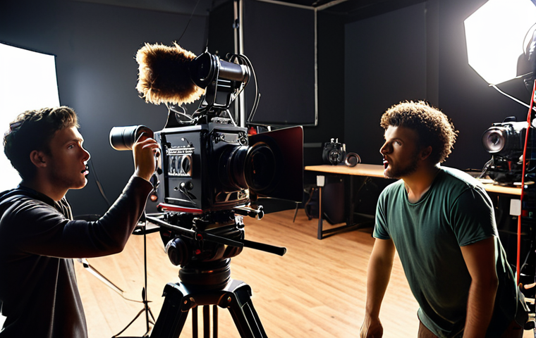 **
A young filmmaker passionately directing a scene on set, surrounded by crew. The atmosphere is energetic and collaborative. Include film equipment like a camera, lights, and boom mic.
**