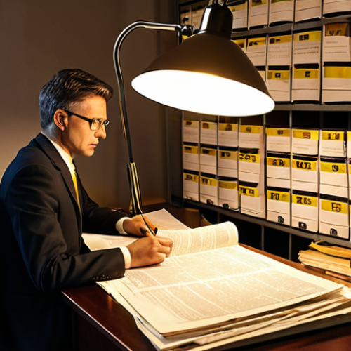 Home 14 **Lawyer meticulously reviewing a media contract under a warm lamp, highlighting key clauses with a yellow marker. Emphasize clarity and attention to detail. In the background, stacks of similar contracts hint at the complexity of media law. Use realistic lighting and high resolution.**
