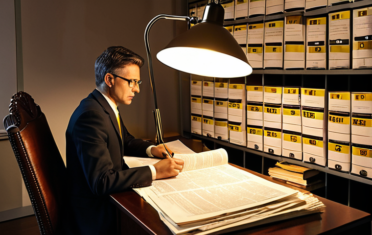 **Lawyer meticulously reviewing a media contract under a warm lamp, highlighting key clauses with a yellow marker. Emphasize clarity and attention to detail. In the background, stacks of similar contracts hint at the complexity of media law. Use realistic lighting and high resolution.**