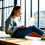 **

"A young, ambitious media production student, fully clothed in a casual yet stylish outfit (jeans, a comfortable sweater, sneakers), working on a laptop in a modern co-working space in Warsaw, Poland. Sunlight streams through large windows.  She has a focused expression, surrounded by textbooks and a coffee cup.  Perfect anatomy, well-formed hands, natural pose, safe for work, appropriate content, family-friendly, professional photography, high resolution."

**