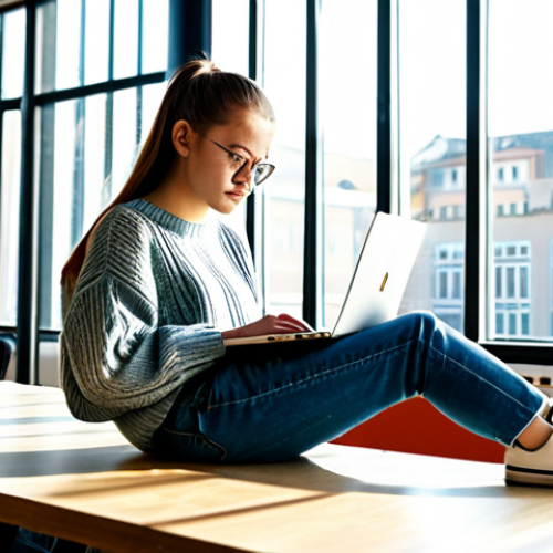 Home 20 **
"A young, ambitious media production student, fully clothed in a casual yet stylish outfit (jeans, a comfortable sweater, sneakers), working on a laptop in a modern co-working space in Warsaw, Poland. Sunlight streams through large windows. She has a focused expression, surrounded by textbooks and a coffee cup. Perfect anatomy, well-formed hands, natural pose, safe for work, appropriate content, family-friendly, professional photography, high resolution."
**