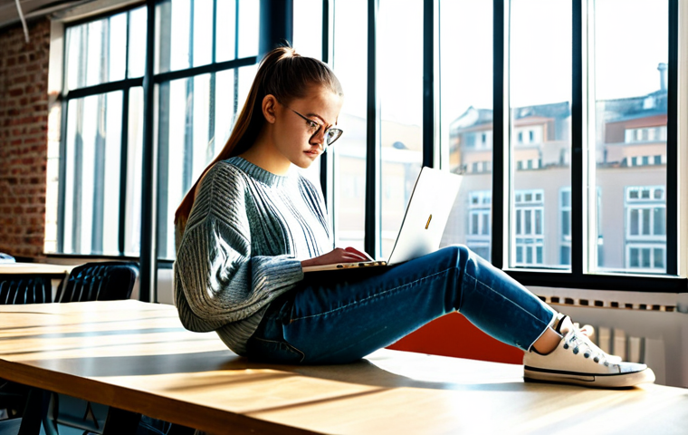 **
"A young, ambitious media production student, fully clothed in a casual yet stylish outfit (jeans, a comfortable sweater, sneakers), working on a laptop in a modern co-working space in Warsaw, Poland. Sunlight streams through large windows. She has a focused expression, surrounded by textbooks and a coffee cup. Perfect anatomy, well-formed hands, natural pose, safe for work, appropriate content, family-friendly, professional photography, high resolution."
**